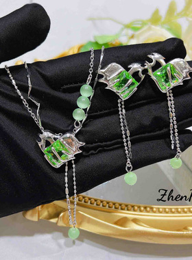 925银冷淡风液化金属爱心拼接项链 甜酷绿色锆石熔岩心形流苏耳环