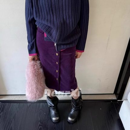 DEAR.XI 属于秋冬的灯芯绒~单排口气质纯色高腰加厚半身裙 6066#