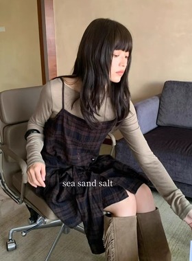 sea sand salt 格纹控闭眼入~加厚绑带气质休闲感格纹吊带格子裙