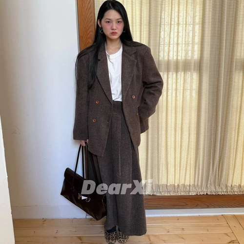 DEAR.XI  毛呢外套挺括宽松外套+高腰显瘦宽松半身裙  时尚套装