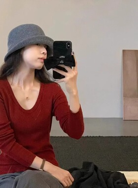 七七ost 舒适亲肤~纯色基础款U领百搭针织长款打底衫