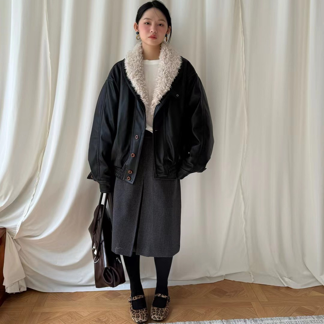 DEAR.XI  没有皮衣怎么酷 宽松廓形冬季羊羔毛领皮衣外套 6088#