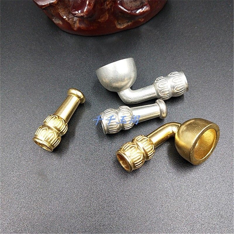 莲花款刻花短脖黄铜烟锅烟嘴 铜镀银烟锅头烟嘴哨手工旱烟袋配件