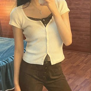 Brandy Girl美式复古BM螺纹zelly排扣纯棉短袖T恤叠穿吊带女上衣