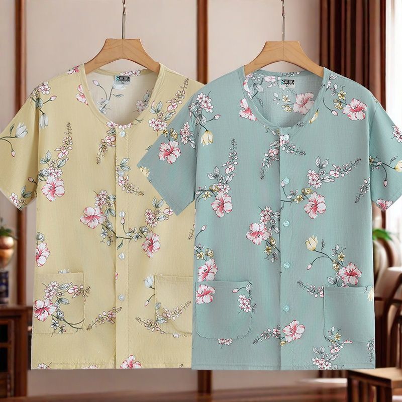 中老年开衫棉绸睡衣女夏季薄款短袖大码绵绸套装妈妈人造棉家居服