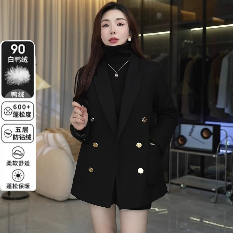 白鸭绒毛呢西装外套女宽松显瘦