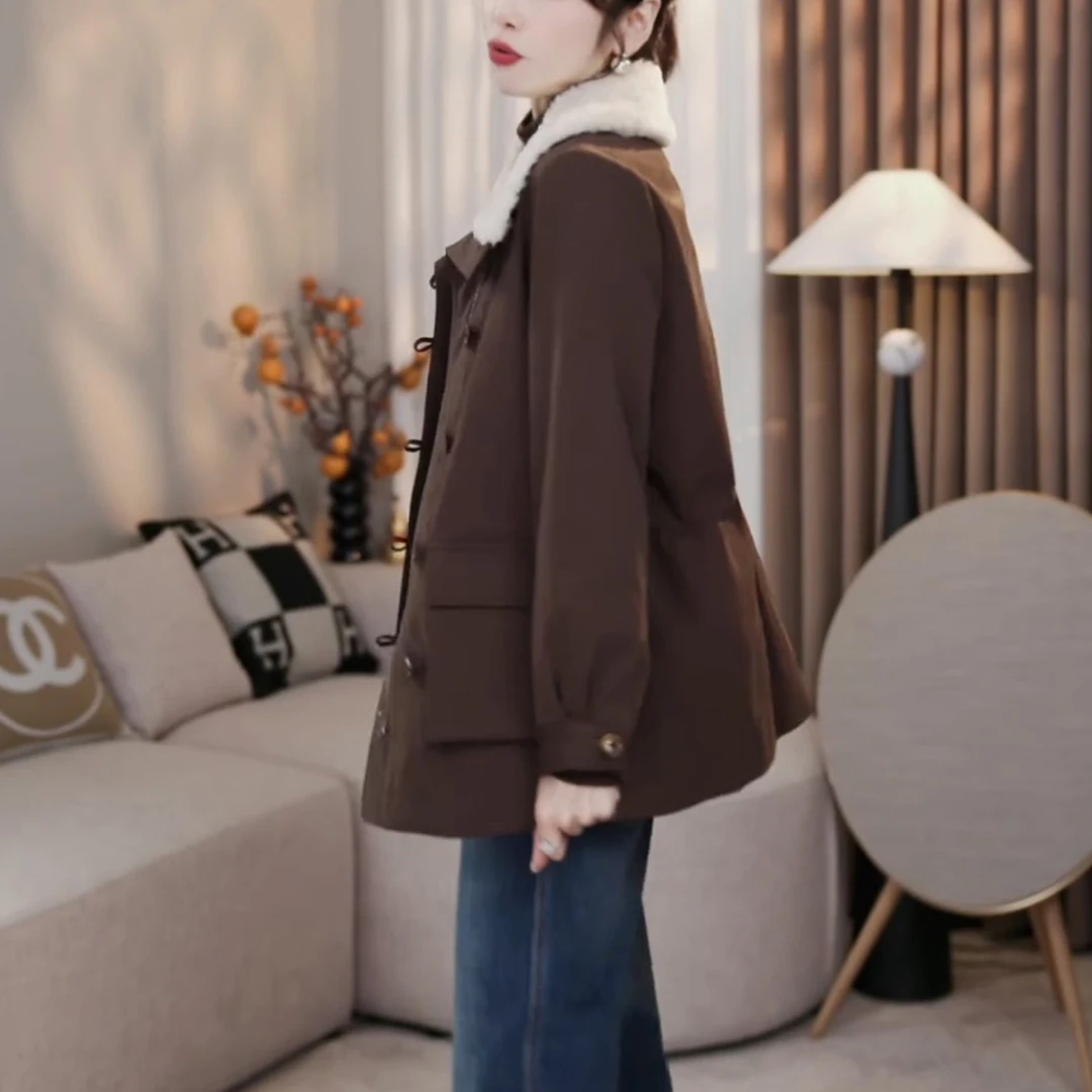 毛毛领拼接收腰大口袋羽绒外套女