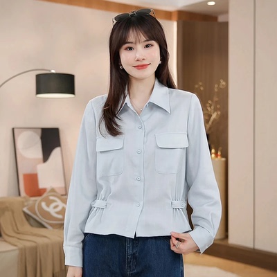 春夏新款蓝色醋酸显瘦百搭衬衣