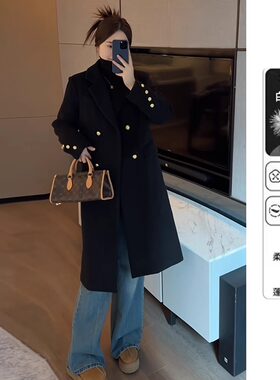 黑色白鸭绒毛呢西装外套女中长款