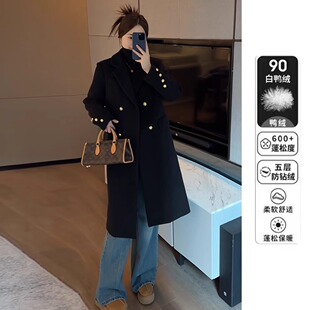 黑色白鸭绒毛呢西装外套女中长款秋冬时尚百搭双排扣羽绒工作服女