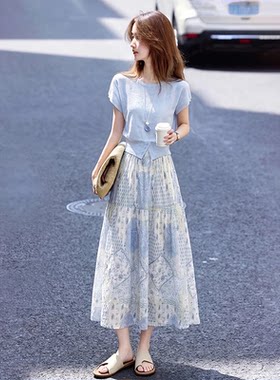 夏季短袖上衣+半身裙两件套女