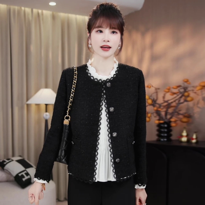 轻奢黑闪花边小香风外套女纯色