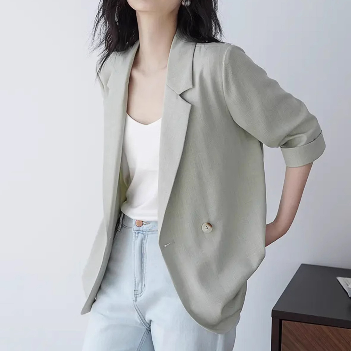 时尚百搭西装外套女2025夏季新款简约时尚五分袖气质西服上衣