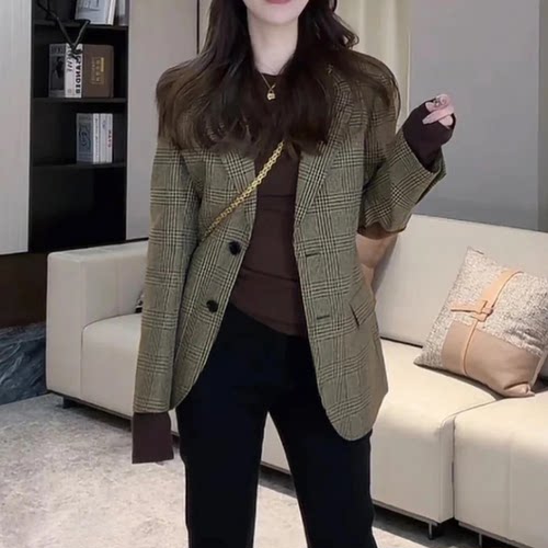 轻奢复古定制面料格纹西装外套女