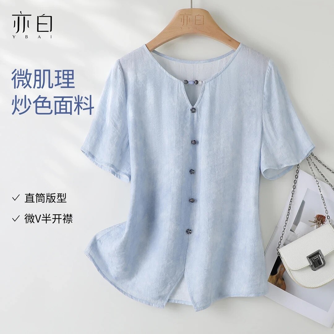 百搭珠串镂空v领开叉短袖衬衫