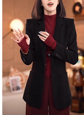 春季黑色韩系高级感气质复古显瘦百搭设计西装外套女休闲西服开叉