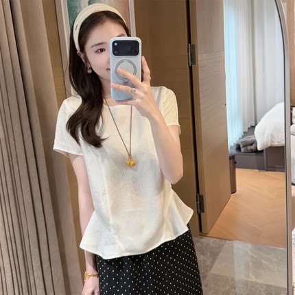 【小蛮腰】2026夏季新款荷叶边小衫女气质显瘦凉感短袖上衣