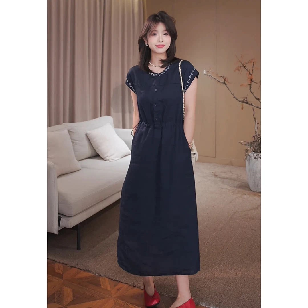 天丝亚麻撞色刺绣短袖连衣裙女