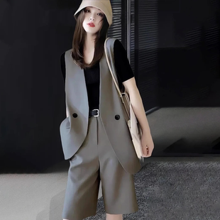洋气休闲无领西服马夹短裤两件套宽松时尚西装马甲套装女