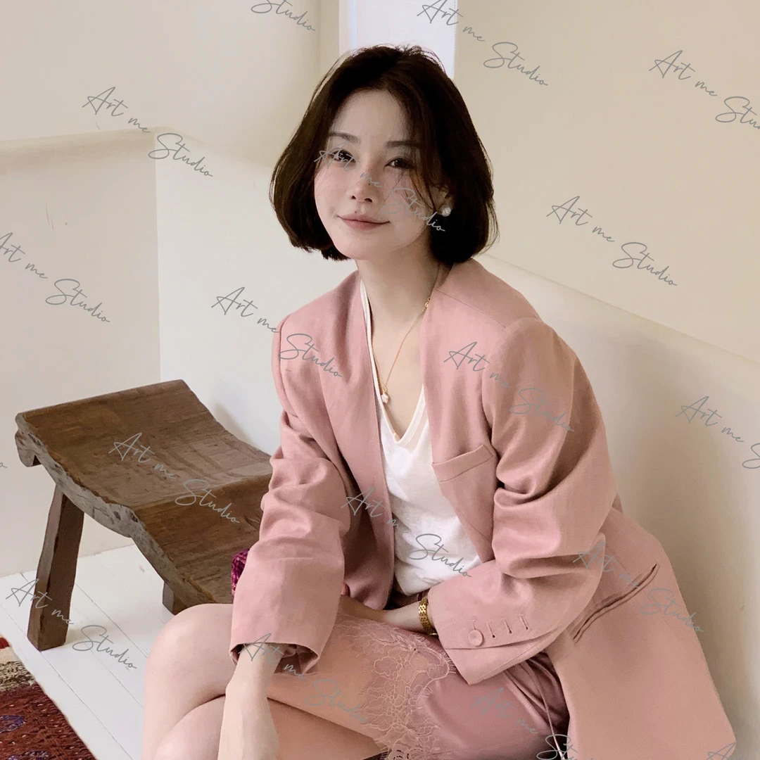 高级时尚高智亚麻天丝V领轻奢品质控必入两色西装外套女休闲