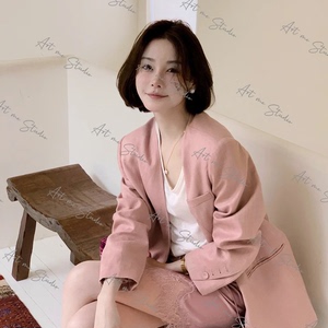 亚麻天丝V领轻奢两色西装外套