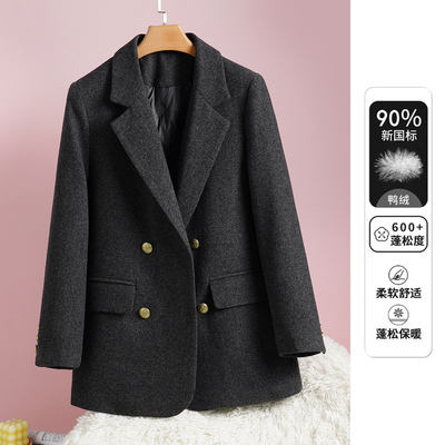 气质宽松双排扣白鸭绒羊毛大衣