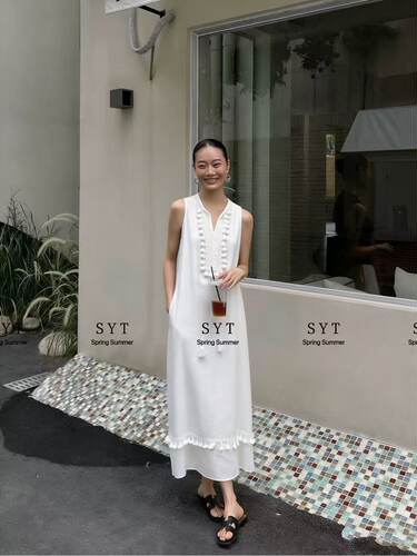 设计师款天丝麻连衣裙 无袖长裙 流苏裙A字裙宽松显瘦长裙
