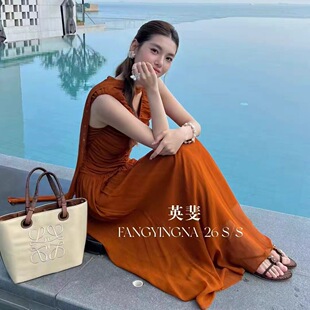 高货100人丝连衣裙 褶皱修身长裙v领无袖连衣裙