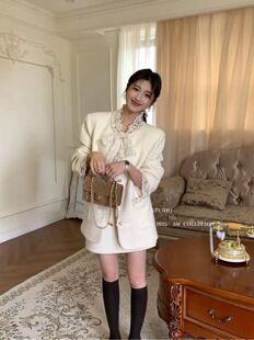 高品 法式蕾丝拼接小香羽绒服套裙 女中长款外套+短半裙