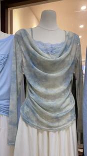 一字肩修身 假2件小衫 新款 t恤女春夏季 防晒网纱上衣 设计感扎染长袖