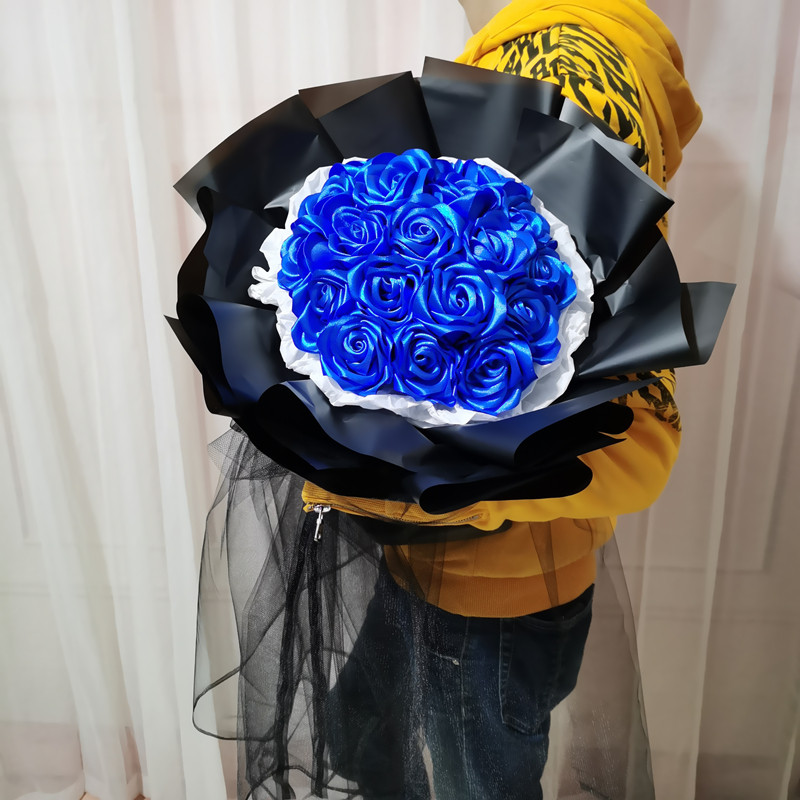 编织diy丝带手工花束材料包七夕情人节蓝色妖姬手工制作玫瑰花束