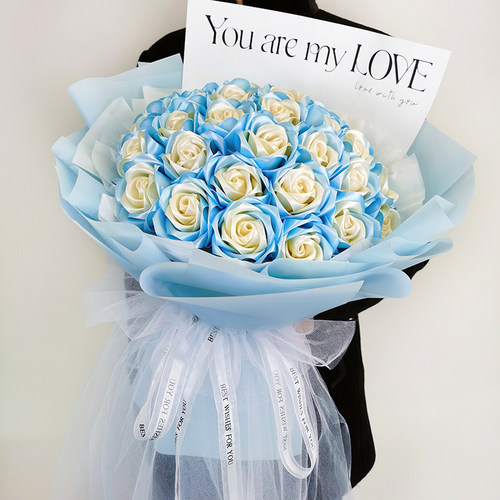 手工玫瑰花束材料33朵DIY制作碎冰蓝丝带玫瑰花编织花束七夕礼物