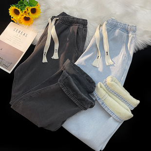 秋冬毛毯加绒主推港风街头宽松直筒休闲潮流百搭x抽绳男女牛仔裤