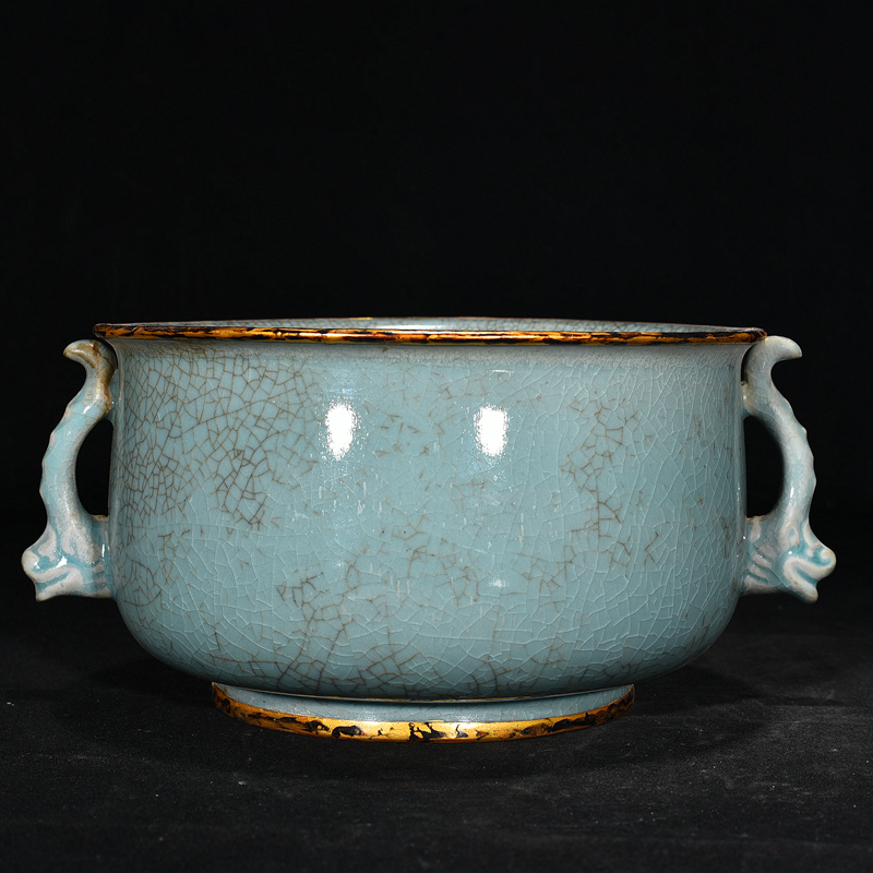 古董古玩老货保真老瓷器收藏宋汝窑乾隆御题铭文镶口双耳香炉