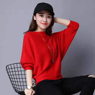 秋装新款针织蝙蝠衫毛衣女套头宽松韩版短款一字领上衣长袖打底衫