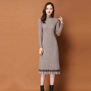 连衣裙修身新款2025针织长款蕾丝大衣长袖配女士秋冬季过膝毛衣裙