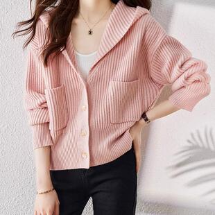 2026春秋新短款美式复古粉色连帽针织开衫长袖上衣卫衣女毛衣外套