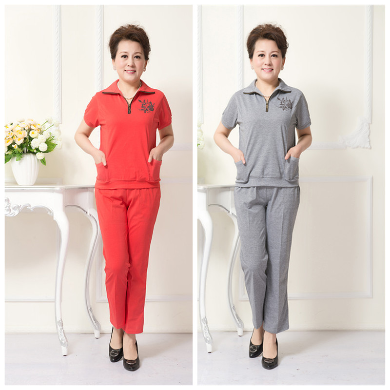 中年妈妈纯棉短袖t恤加肥两件套中老年人运动休闲宽松套装女夏季