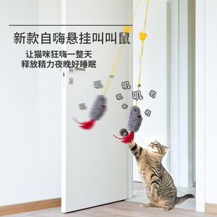 悬挂弹力荡秋千猫玩具自嗨解闷响声仿真羽毛绒老鼠戏猫逗猫挂门