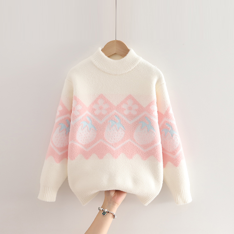 女童水貂绒毛衣儿童秋冬洋气套头打底衫中大童加绒加厚保暖针织衫