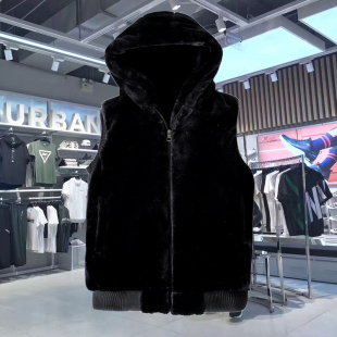 时尚连帽毛绒绒马甲外套男秋冬修身无袖棉衣潮流青少年保暖背心