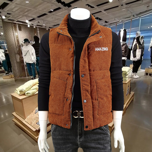 时尚潮流灯芯绒马甲秋冬新款男士修身青少年条绒马夹立领外穿坎肩