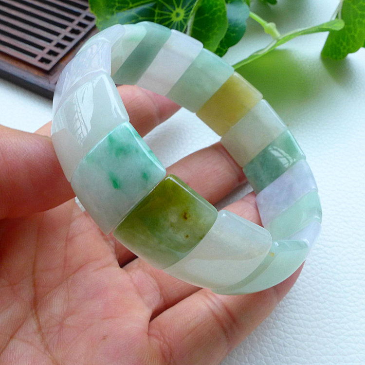 翡翠手镯三彩手串手链玉石多彩三彩缅甸天然老坑a冰糯翡翠玉镯子