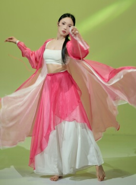 SOSO佳新国风古典舞飘逸盘扣不规则玫红色长外纱身韵舞蹈服演出服