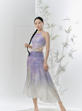 SOSO佳紫藤花网纱弹力珠片吊带新中式气质古风半裙抹胸舞蹈演出服