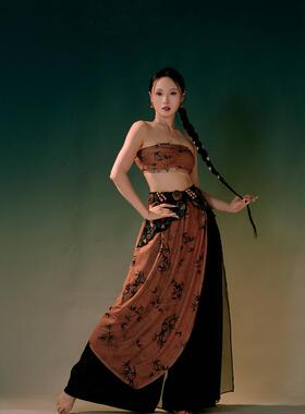 SOSO佳新款弹力网纱新中式竹子印花腰纱吊带国风爵士舞蹈服练功服