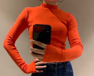 soso自制秋冬弹力舒适小高领针织套手指长袖舞蹈短上衣橘红色