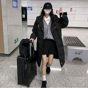 2023新款小个子羽绒棉服女冬季学院风连帽粉色中长款过膝面包服厚