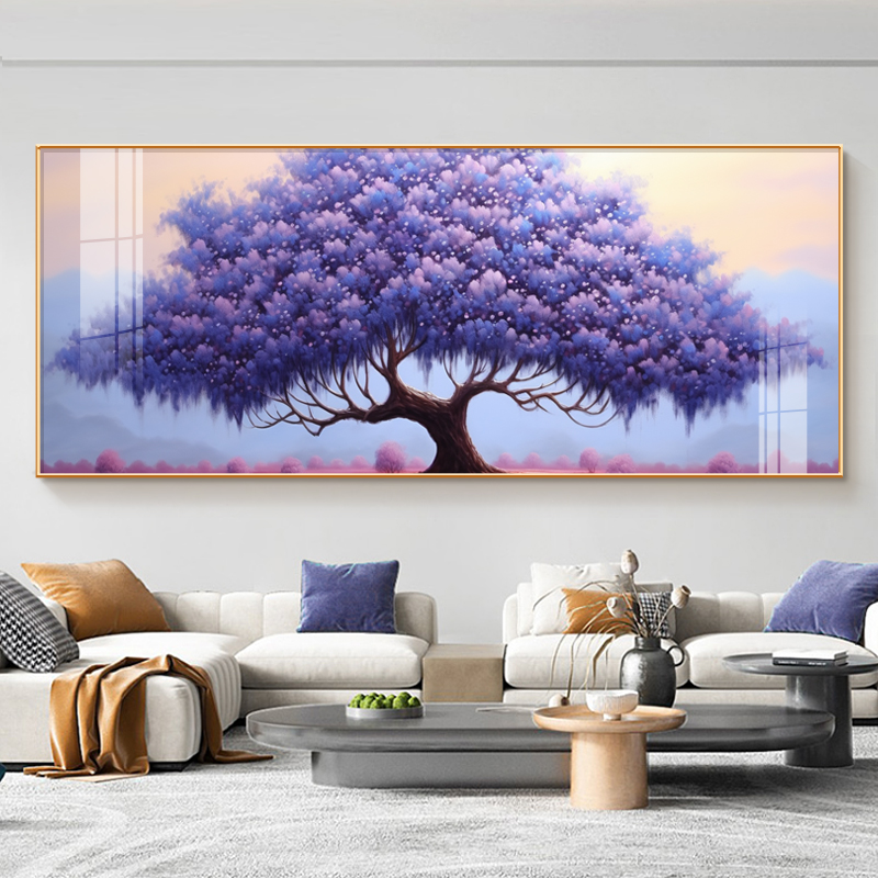 现代简约客厅装饰画紫气东来发财树沙发背景墙新中式招财横版挂画图片