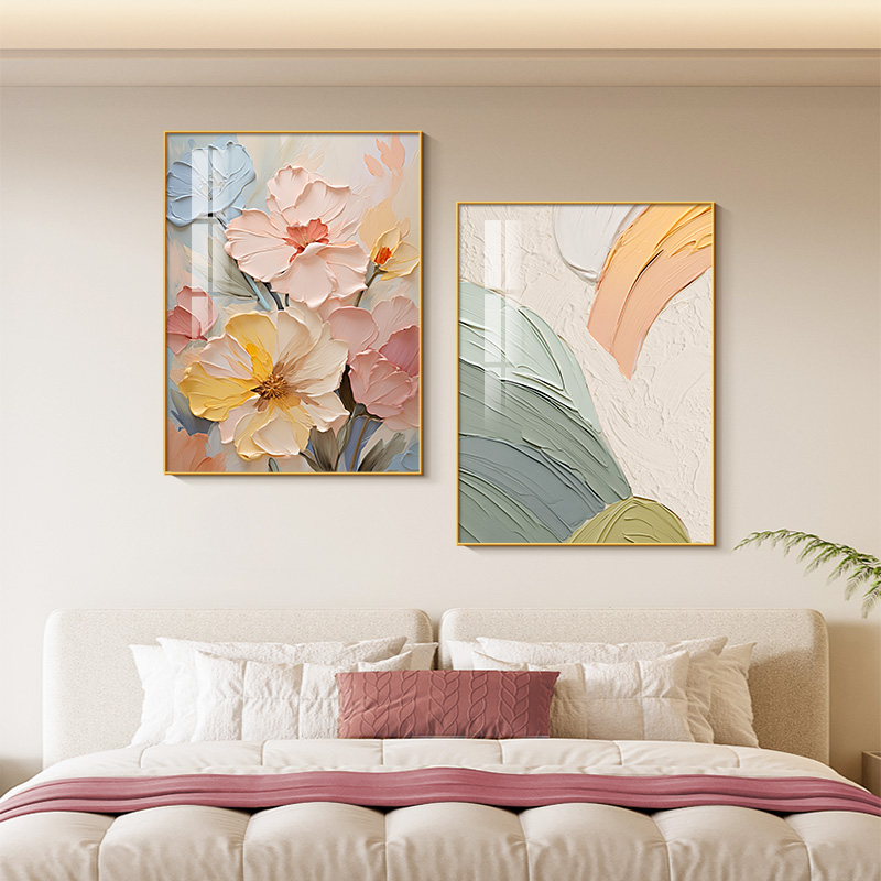 奶油风花卉床头装饰画简约肌理感卧室背景墙挂画新款组合餐厅壁画图片